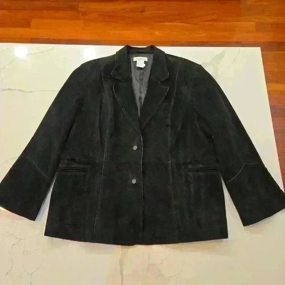 Newport News Womens Suede Leather Blazer Jacket Bell Sleeves Black Size 20W - Picture 1 of 13